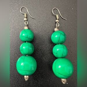 Green Dyed Wood Faux Stone Hook St. Patrick's Day Silver Tone Holiday Earrings
